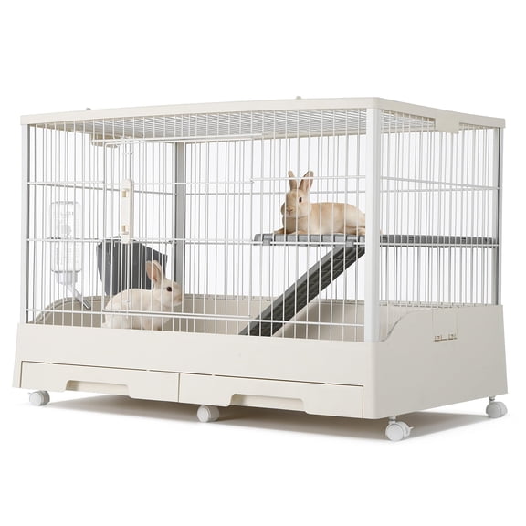 Panapinka Small Animal Cage, Durable Large Rabbit Hutch, 33'' x 22''x 26'' Small Animal Cage with 2 Removable Tray, Ramp, 6 Casters, Water & Hay Feeder, Indoor & Out Door Use for Rabbit, Hamster，Guin