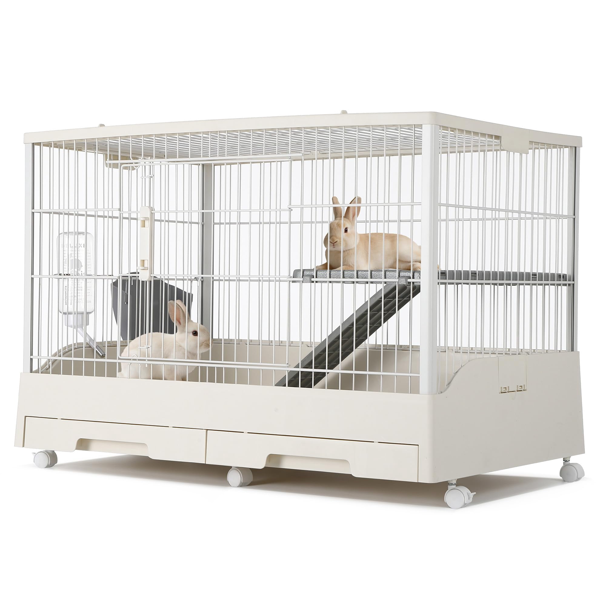 Panapinka Small Animal Cage, Durable Large Rabbit Hutch, 33'' x 22''x 26'' Small Animal Cage with 2 Removable Tray, Ramp, 6 Casters, Water & Hay Feeder, Indoor & Out Door Use for Rabbit, Hamster，Guin