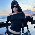 thumbnail image 4 of Casual Sophisticated Women's Bare Shoulder Cowl Neck Hooded T-Shirt Long Sleeves Solid Color Ruched Bodycon Crop Top, 4 of 9