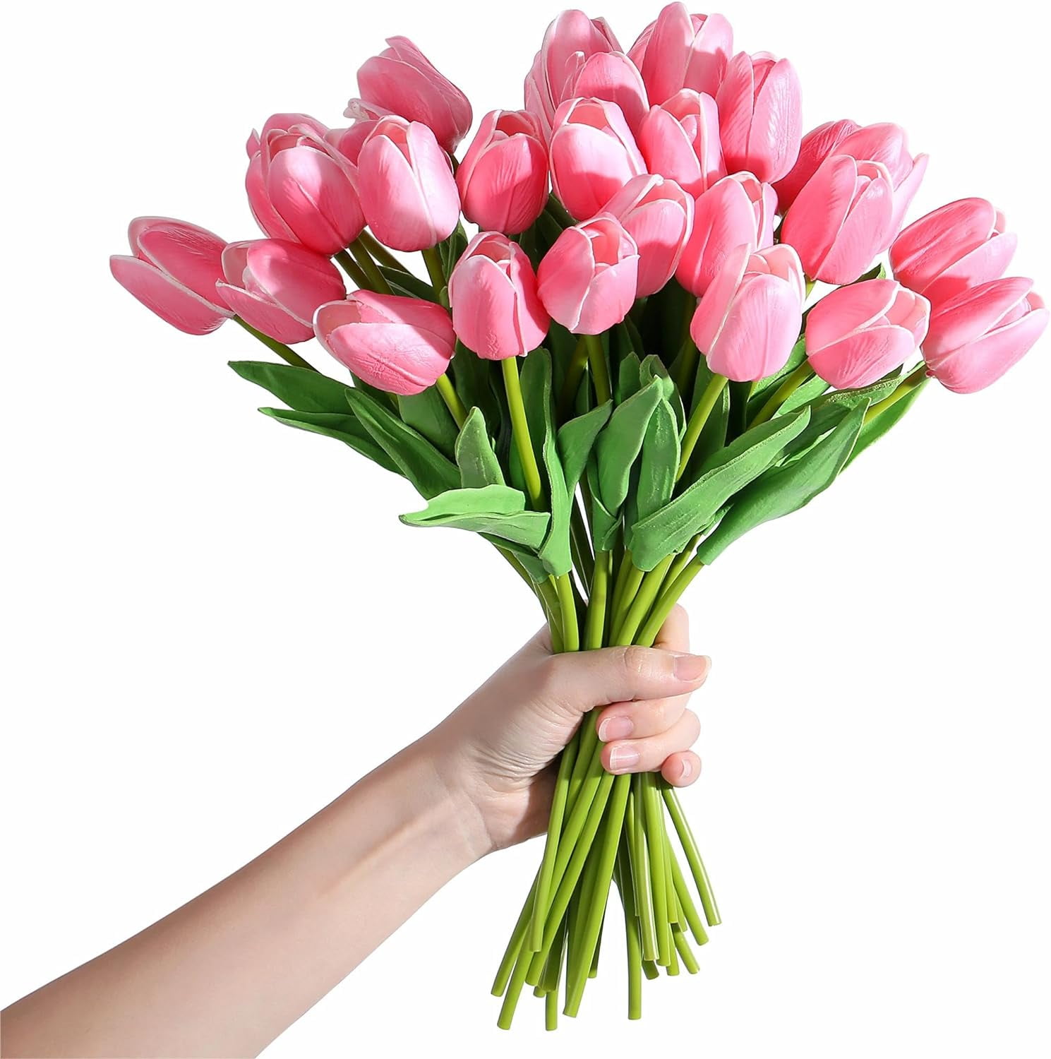 Fake Tulips Artificial Flowers Real Touch Pink " Silk Flower for Home Kitchen Decor Mother's Day Spring Easter Wedding Bouquet Decorations Office Floral Arrangements(Rose Red)