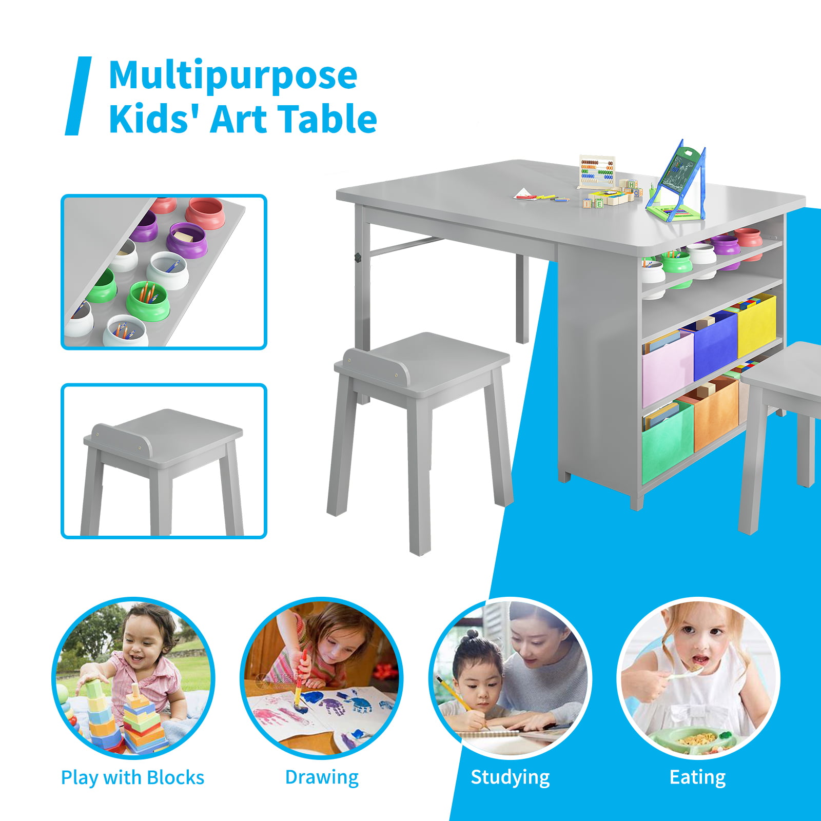BALUS Modern Kids' Art Table and Stools Set (Gray), Wooden Drawing and  Painting Desk with Paper Roller and Removable Craft Supplies Storage Bins 