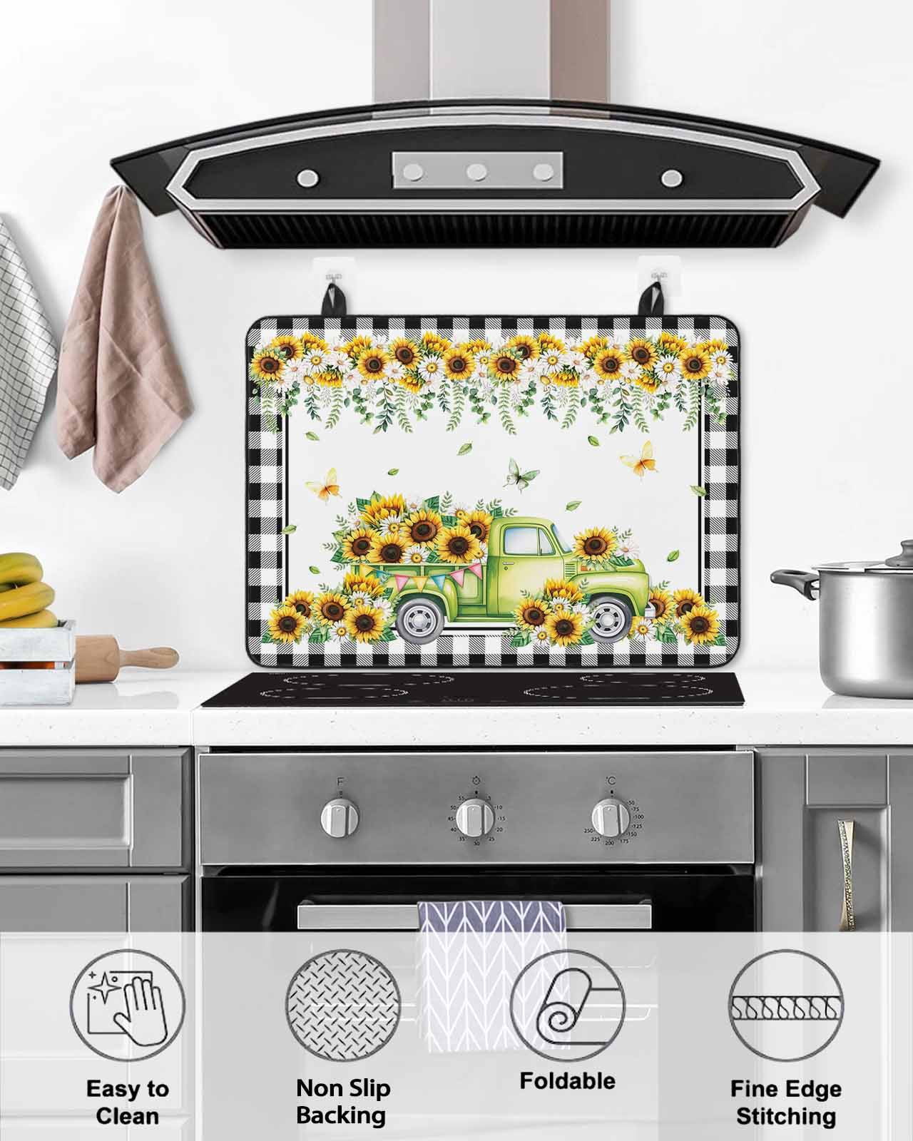 Large Induction Cooktop Protector Mat Sunflowers Stove Top Covers for Electric Stove, Spring Farmhouse Country Truck Floral Black Plaid Decorative Stove Burner Cover Mats, Glass Top Stove Cover