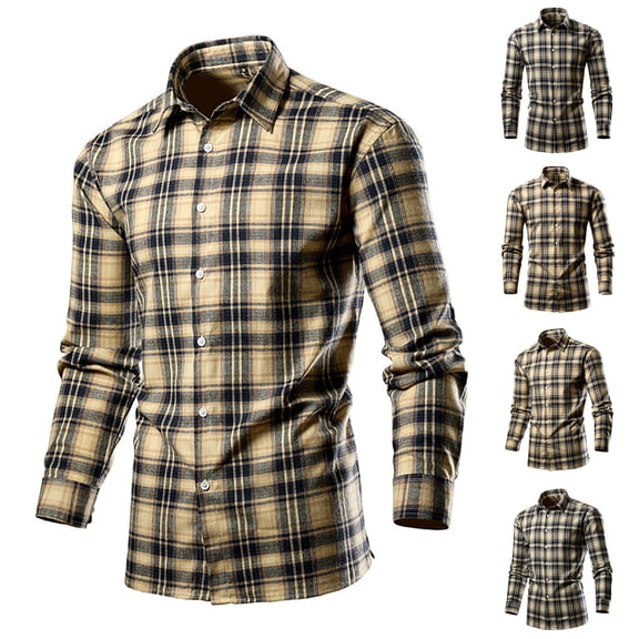 UVEASISHA Long Sleeve Plaid Shirts for Men Slim Fit Lapel Dress Shirt Fall Fashion Gingham Shirts Business Casual Work Shirt Tops Coffee 3XL