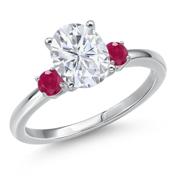 Gem Stone King 14K White Gold White Moissanite and Red Ruby Engagement Ring for Women | 2.41 Cttw | Oval 9X7MM | Gemstone Birthstone | Size 5