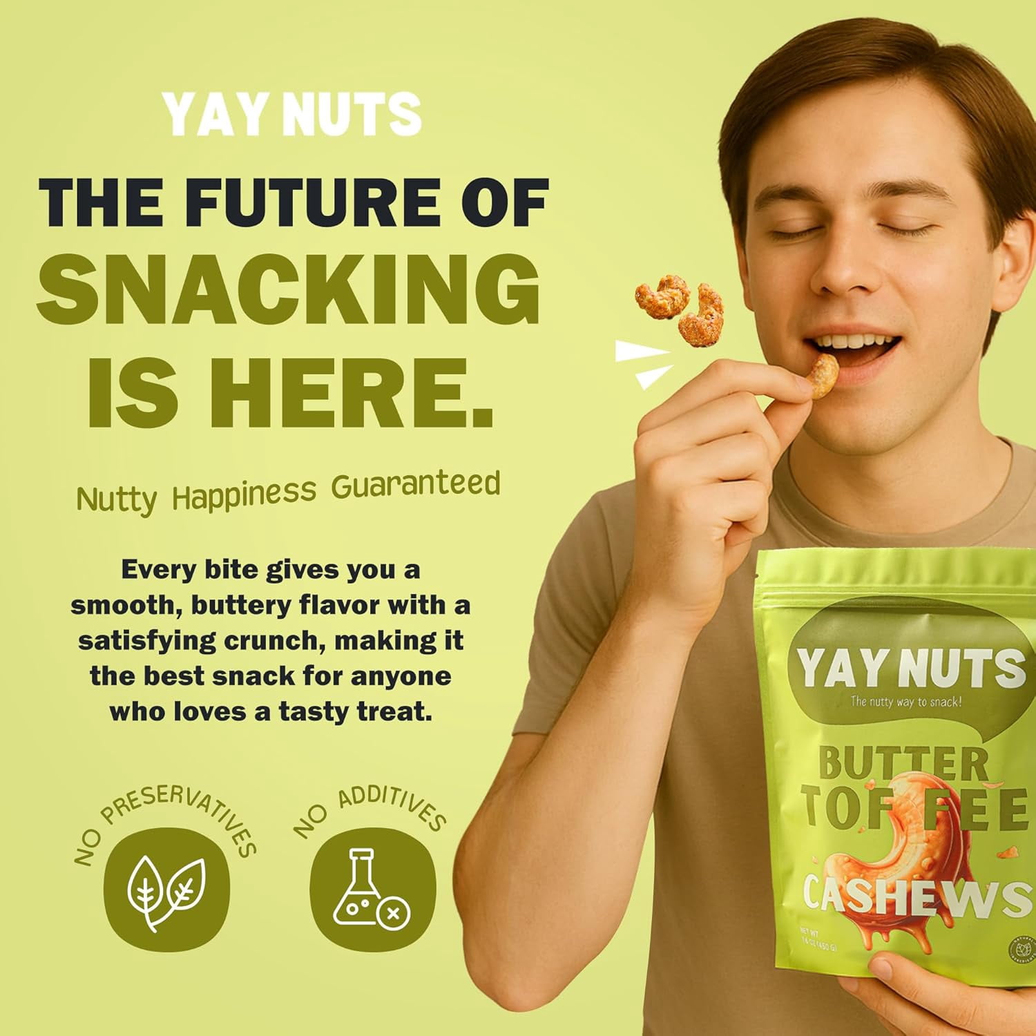 Yay Nuts Butter Toffee Cashews, Sweet and Crunchy Gourmet Snack, 1 lb Resealable Bag