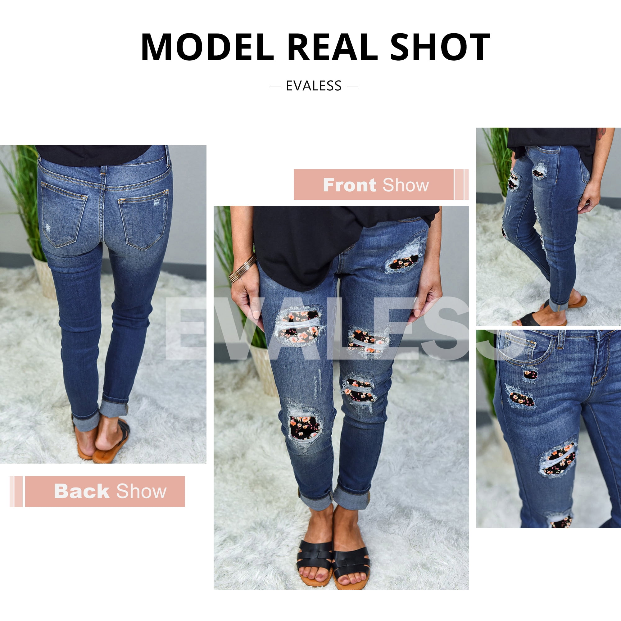 EVALESS Womens Patchwork Ripped Jeans Distressed Stretch Skinny Denim Pants