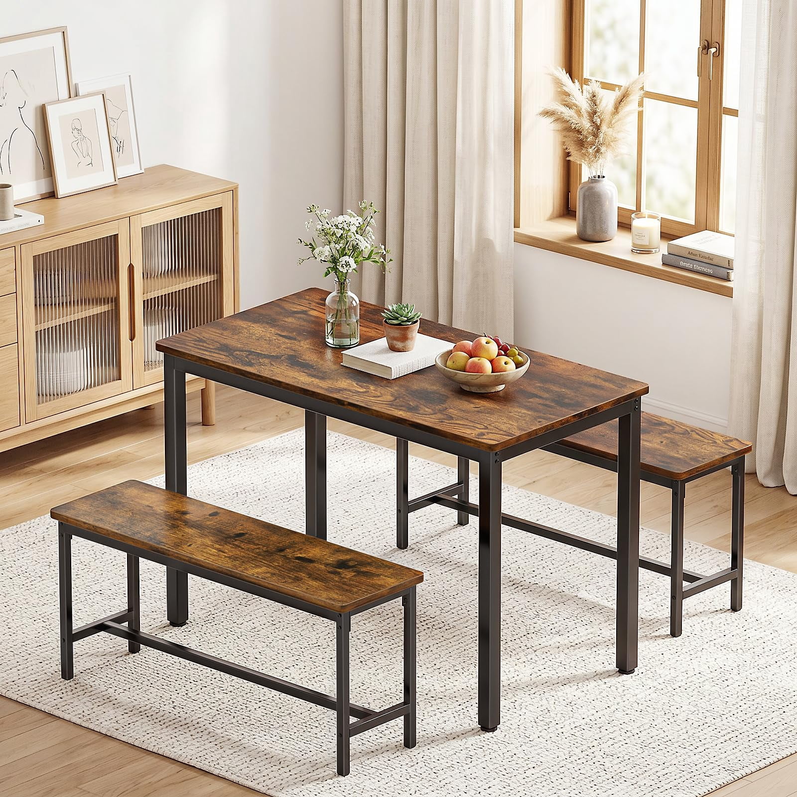 3 Piece Dining Room Table, Kitchen Dining Table Set with 2 Benchs for Apartment Breakfast Nook and Samll Space, Brown