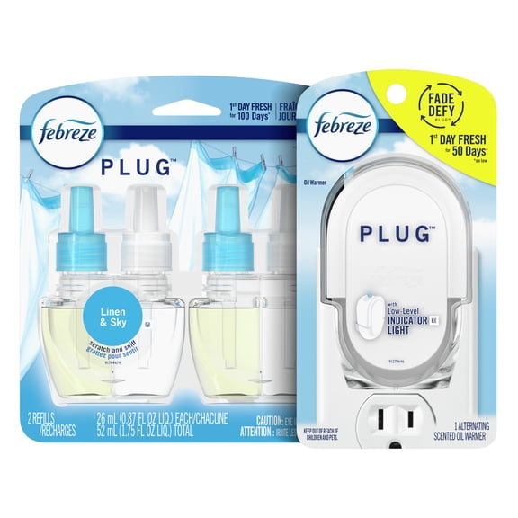 Febreze Odor-Fighting PLUG Air Freshener, Linen & Sky, Starter Kit & (2) .87 fl. oz. Oil Refills