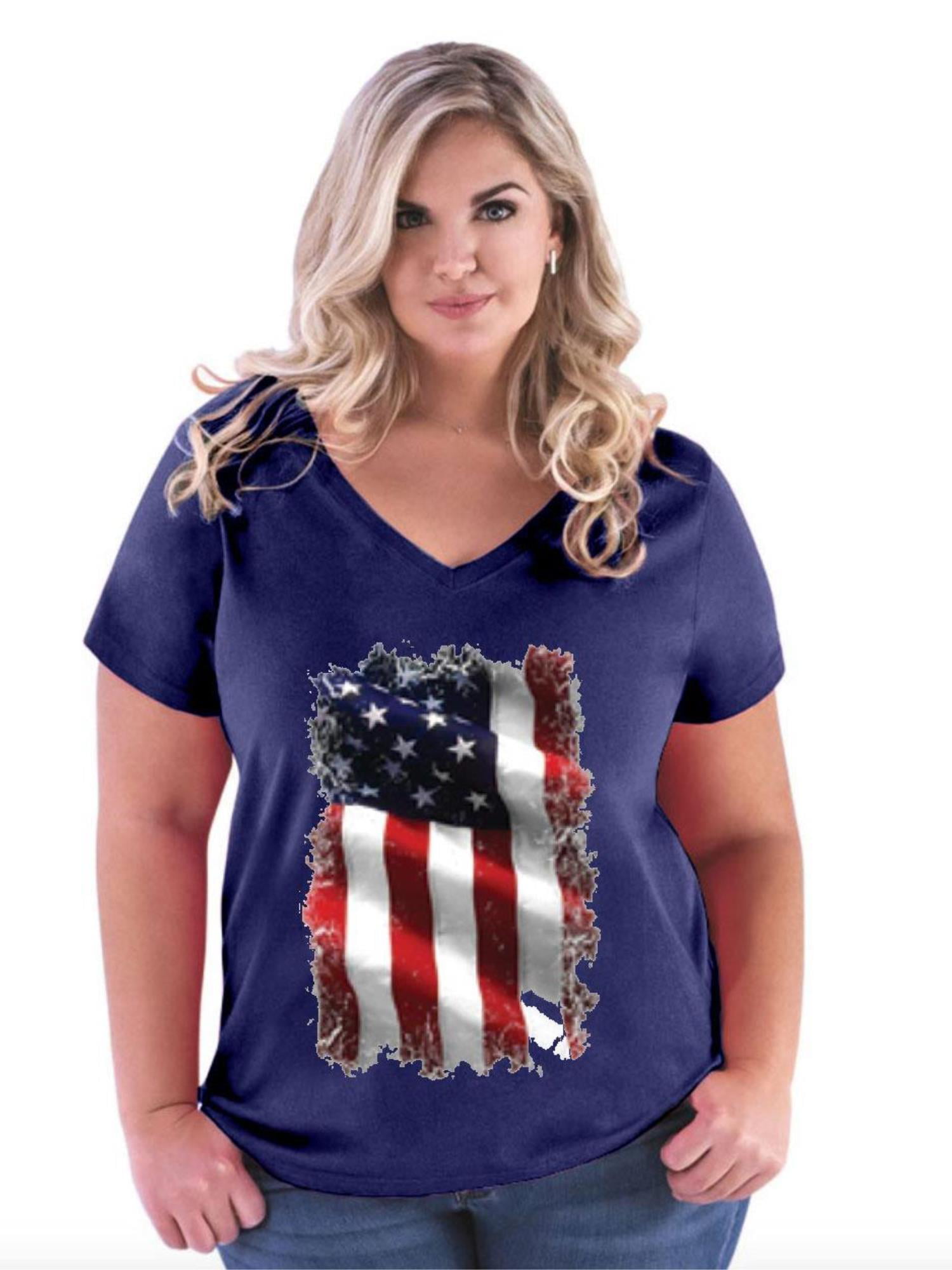 IWPF - Womens and Womens Plus Size Patriotic American Flag Curvy V-Neck ...