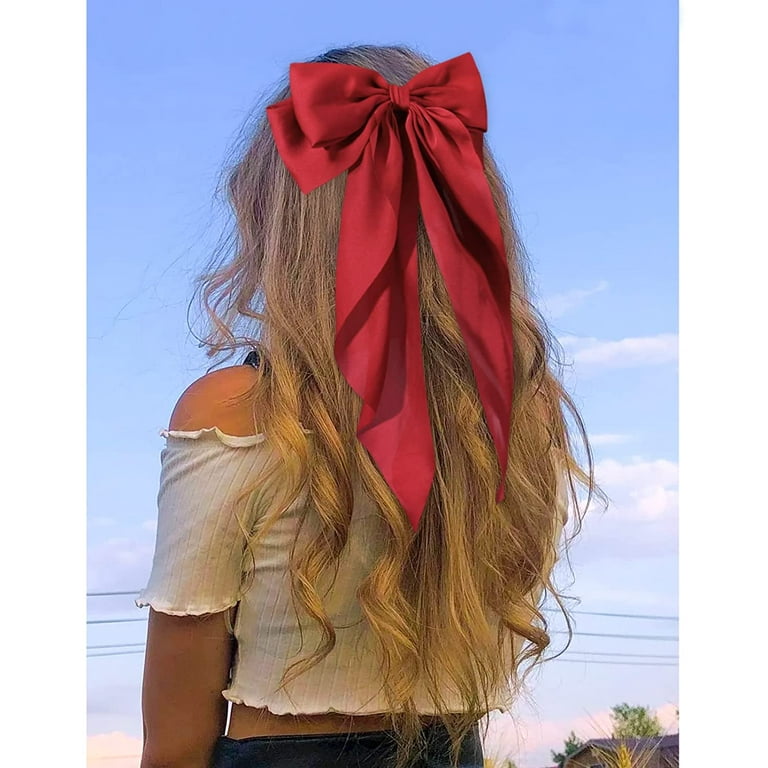 Large Satin Hair Bows Hair Ribbons for Women CEELGON 2PCS Big Long Red  Ballet Style Hair Bows French Barrette Vintage Accessories for Girls-Red