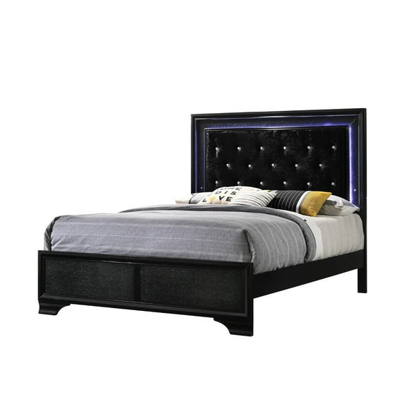 1pc Modern Glam Style Queen Size Upholstery LED Panel Bed Wooden Bedroom Furniture Black
