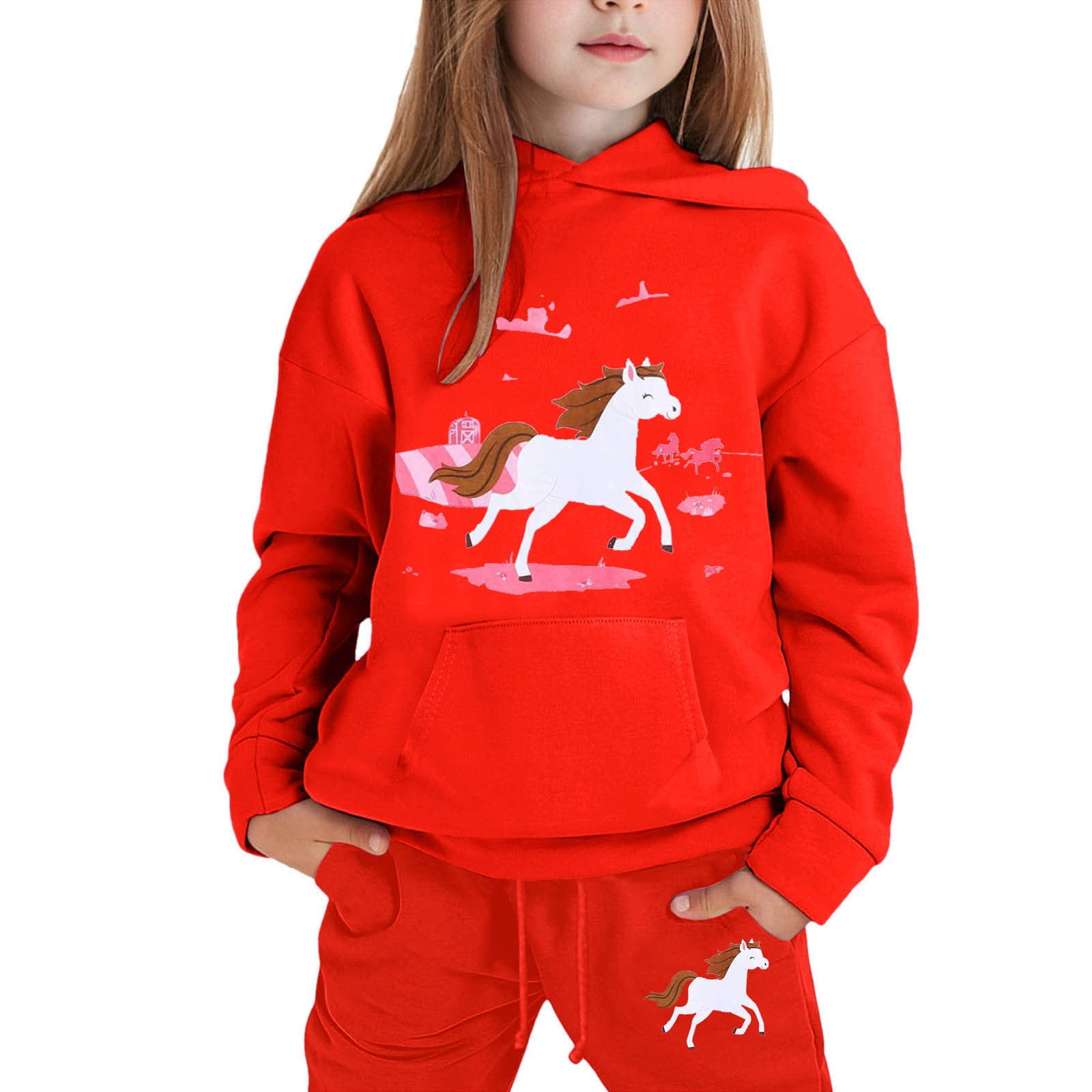 Ensemble Sweat à Capuche Et Pantalon Fille - Imprimé Chevaux, Style Ranch, Pour Hiver, Tailles 3-6 Mois à 13 Ans