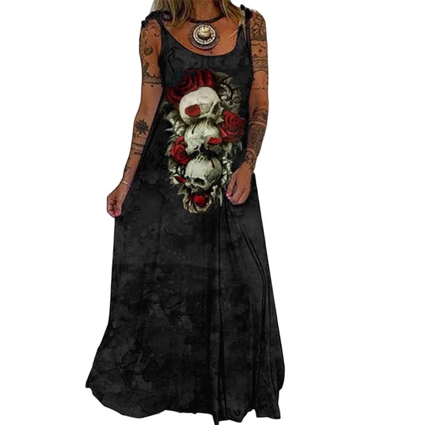 TRKIYQC Vestido de Verano para Mujer, Correas de Hombro Corbata Calavera/Calavera Rosa/Calavera de Diamantes de Imitación Vestido de Escote Redondo, Señoras Sueltas-Fits Largo de una Pieza TRKIYQC moda