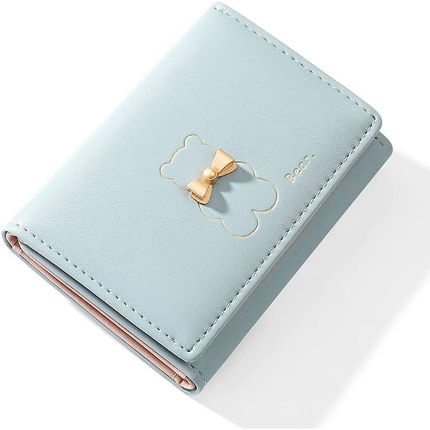 Carteras pequeñas para niñas Cartera con estampado de oso lindo Cartera pequeña con tres pliegues Bolsillo para efectivo Titular de la tarjeta ID Monedero con ventana para mujer (Azul) Sincero Hogar