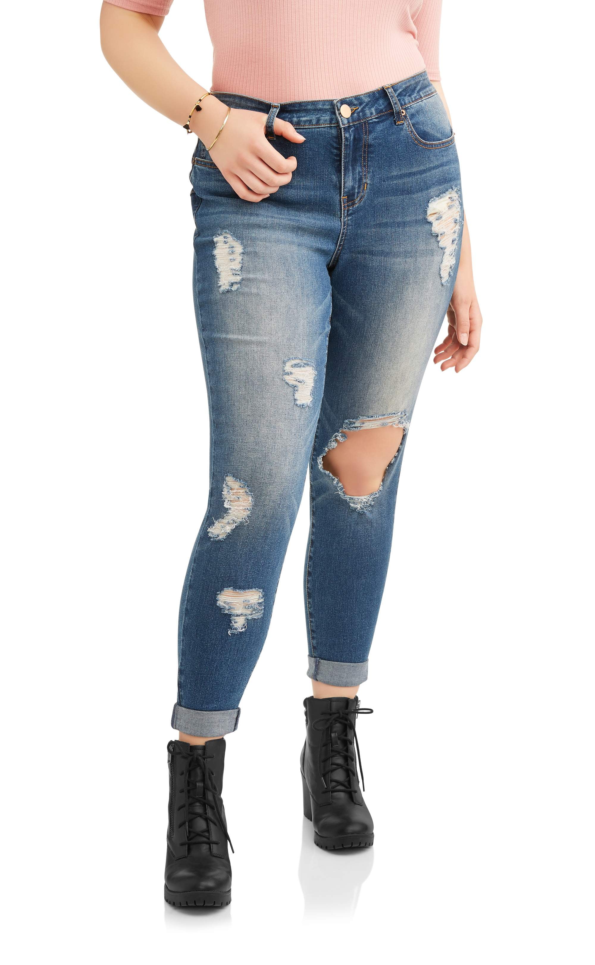 Dollhouse - Women's Plus Distressed Roll Cuff Skinny Denim Jeans - Walmart.com - Walmart.com