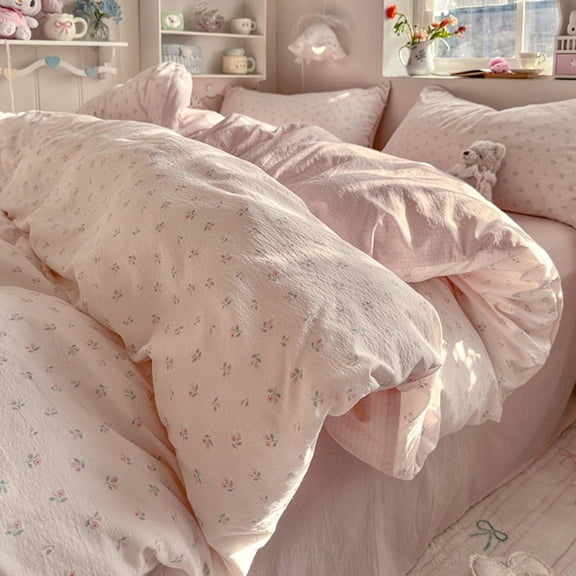 Pink Ditsy Floral Polyester Comforter Set, Solid‑Pink All‑Season Beding Set, Soft Lightweight Bedding Set With Pillowcases (Twin size)