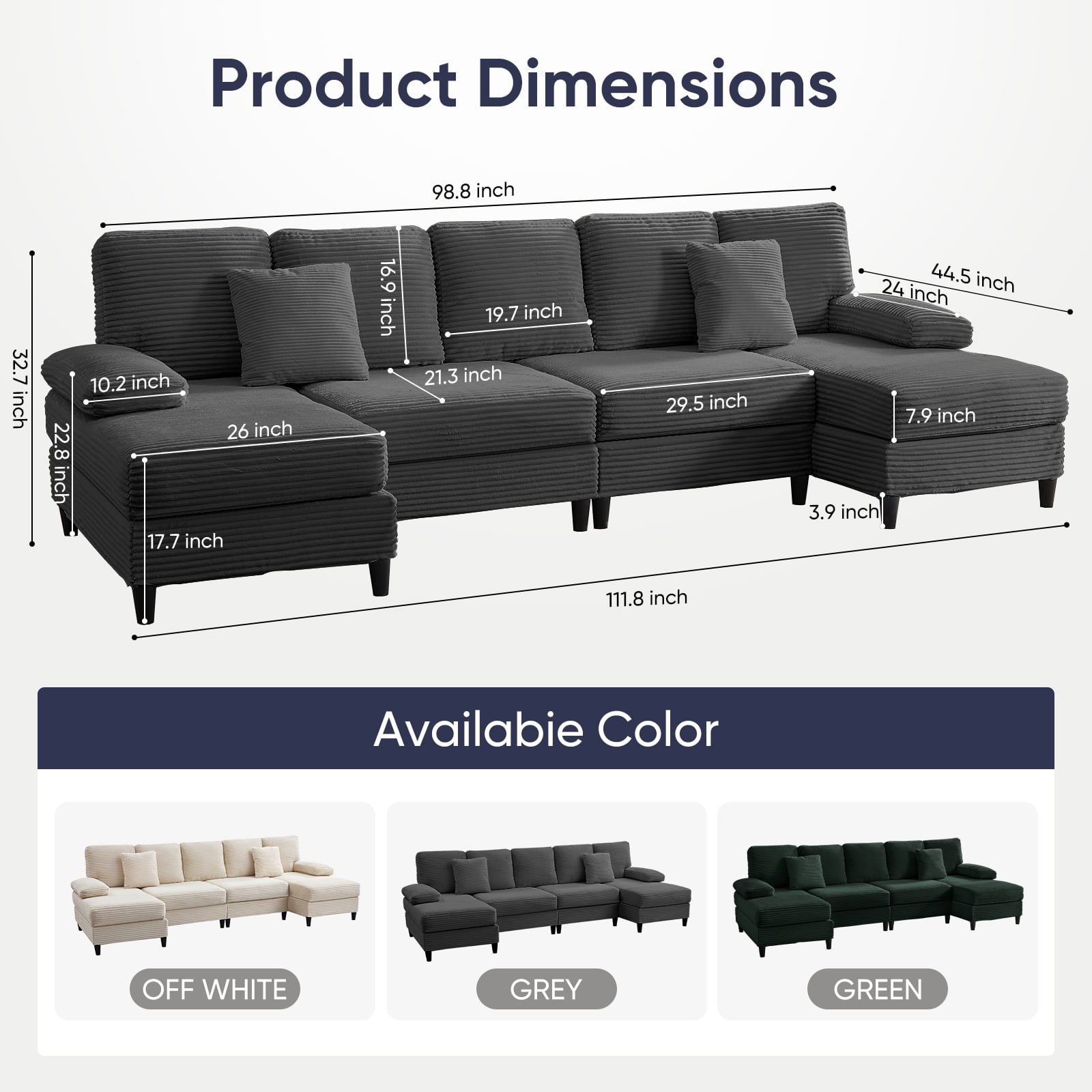 Mjkone U-Shaped Sectional Sofa, 4 Seats Corduroy Couch with Double Comfy Chaise for Living Room - Dark Gray