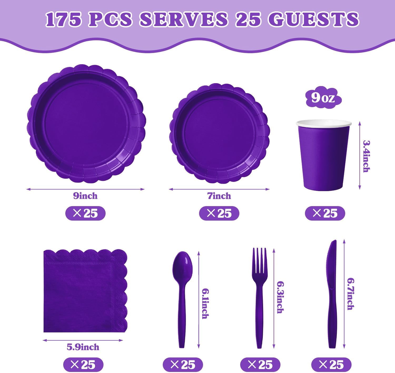 175 Pcs Deep Purple Disposable Paper Plates and Napkins Set for 25, 9" Dinner Plates & 7" Dessert Plates, Tableware for Birthday, Graduation, Party