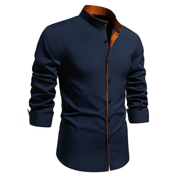 Blusa y camisa de manga larga con cuello alto para hombre, informal, lisa, a la moda, con botones, de poliéster
