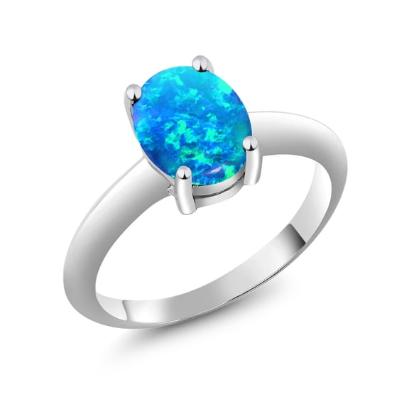 Gem Stone King 925 Sterling Silver Simulated Blue Opal Solitaire Engagement Ring for Women | 0.56 Cttw | Oval Cabochon 9X7MM | Gemstone October Birthstone | Size 6