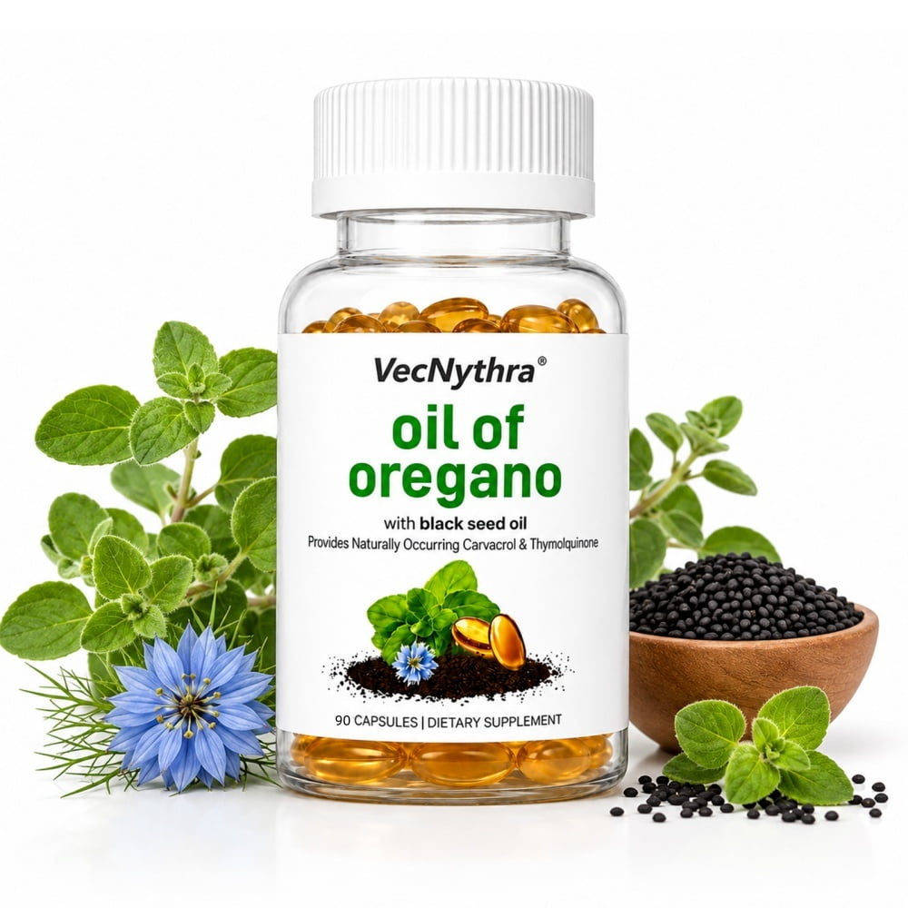 VecNythra Oil of Oregano with Black Seed Oil – 6000mg High Potency Immune Support Supplement with Naturally Occurring Carvacrol & Thymoquinone – Antioxidant Digestive Wellness (90 Count)