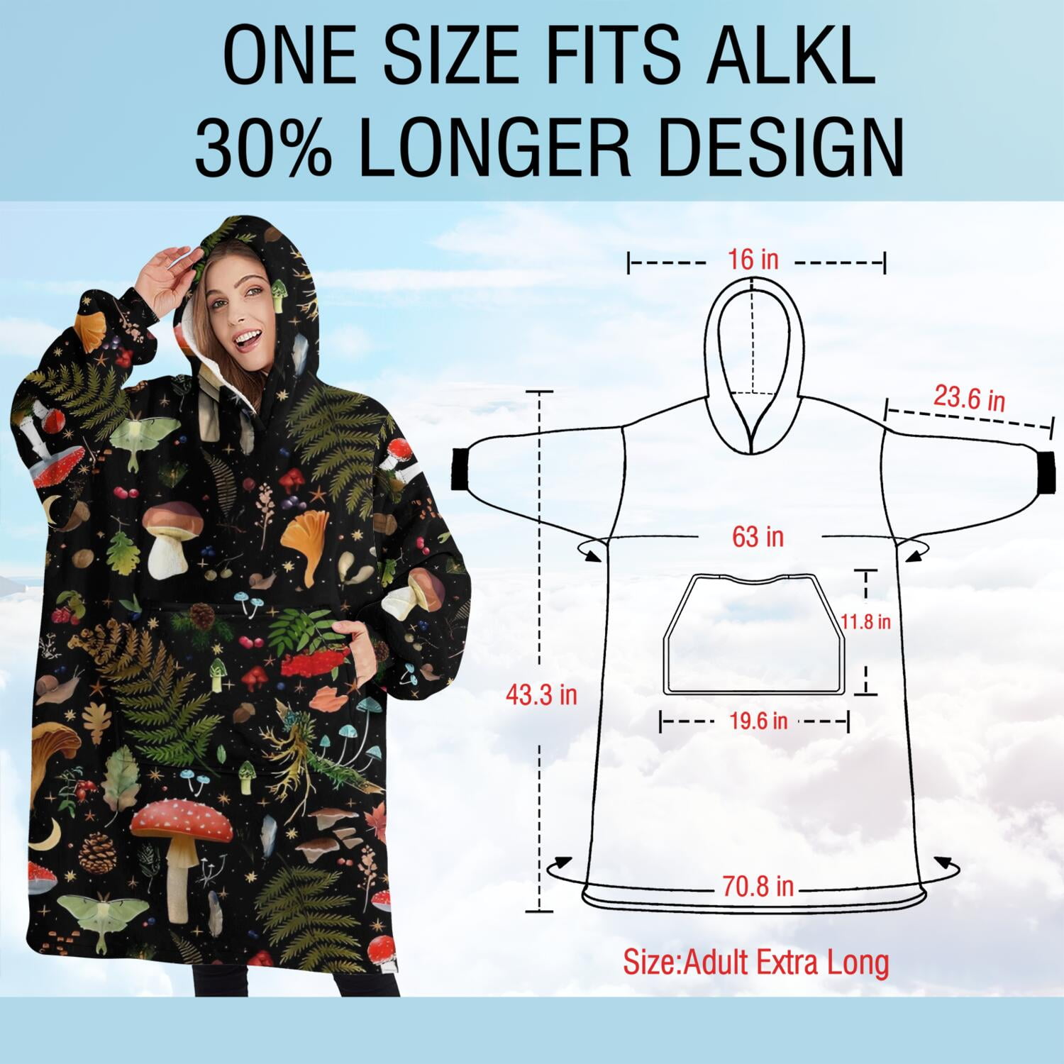 Oversized Wearable Blanket Hoodie,Red Mushroom Leaf Black Pattern Sherpa Blanket Hoodie with Super Pockets,Super Warm Fuzzy Pullover for Women & Men