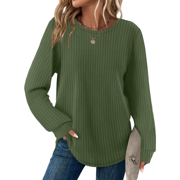 Qulqfy Women Tops Trendy Tunic Waffle Knit Crew Neck Green Shirts Long Sleeve Curvy Hem Spring Fall Shirts Women Going Out Tops L