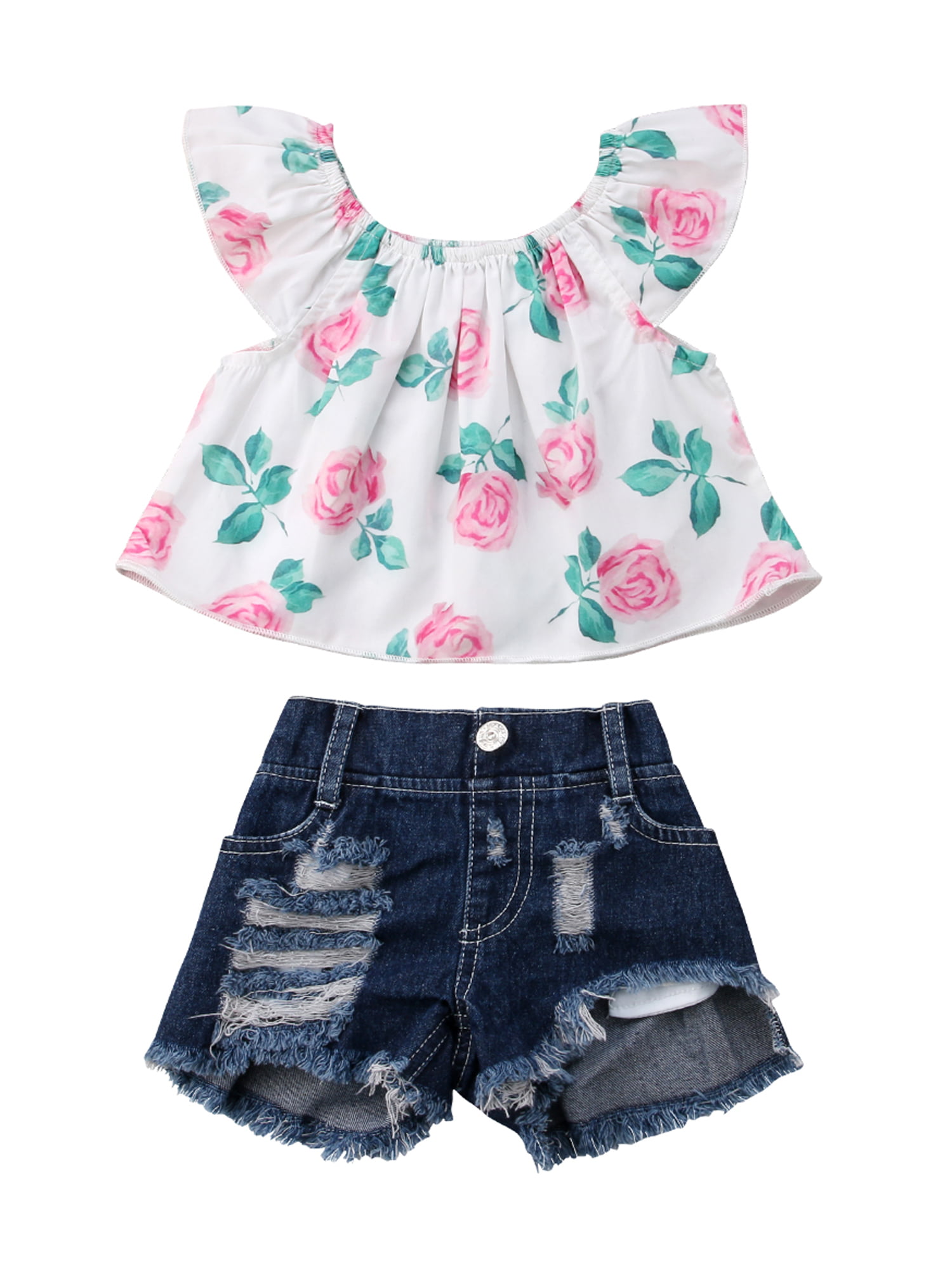 2PCS Toddler Baby Girl Summer Outfit One Shoulder T-Shirt Tops+Frayed Hem Ripped Denim Shorts Clothes Set 