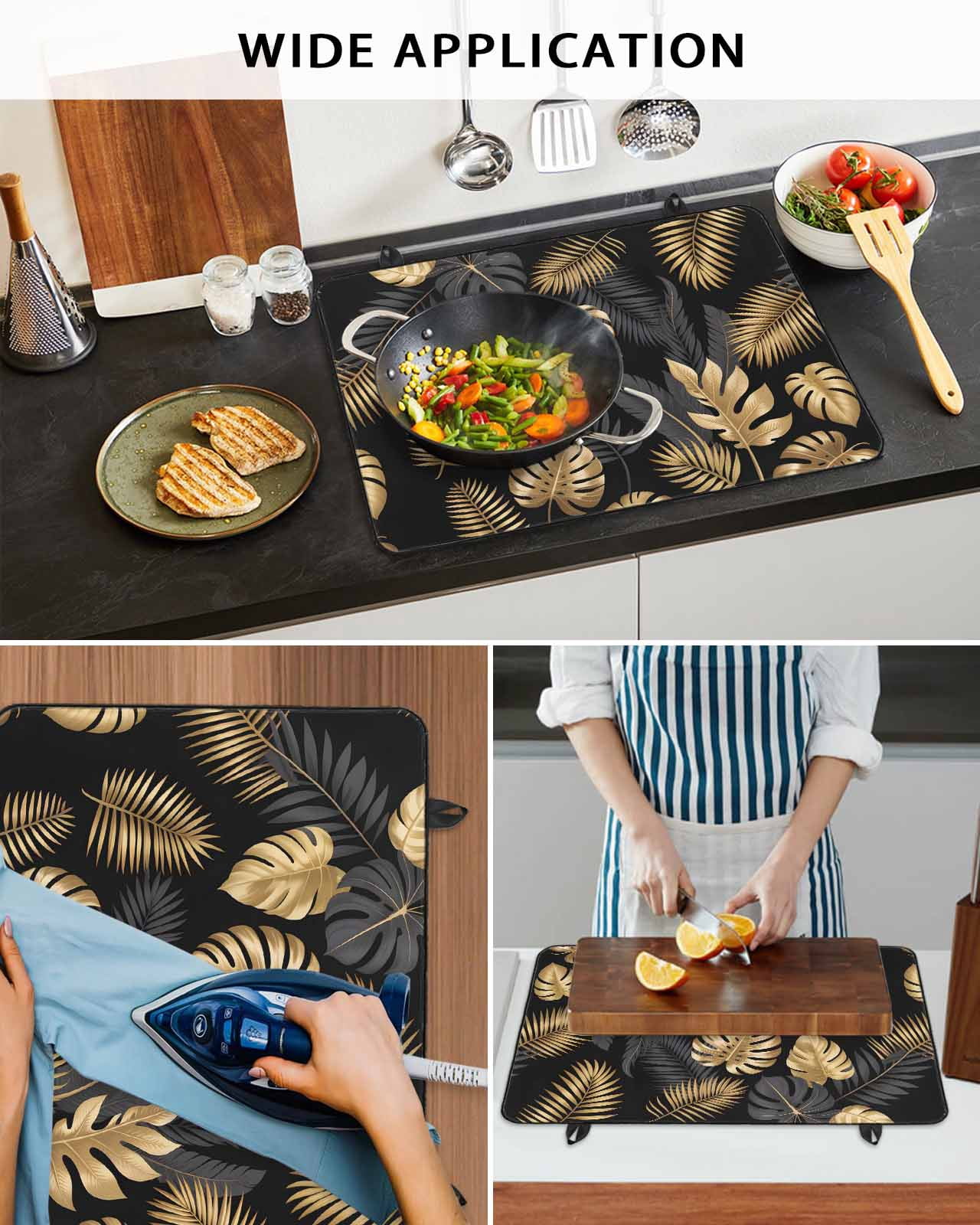 Large Induction Cooktop Protector Mat Black Golden Palm Leaf Stove Top Covers for Electric Stove, Tropical Plant Modern Luxury Decorative Stove Burner Cover Mats, Glass Top Stove Cover