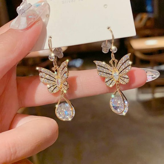 EOEMY Fashion Gold Plated Crystal Butterfly Earrings Hook Drop Dangle Women'S Jewelry