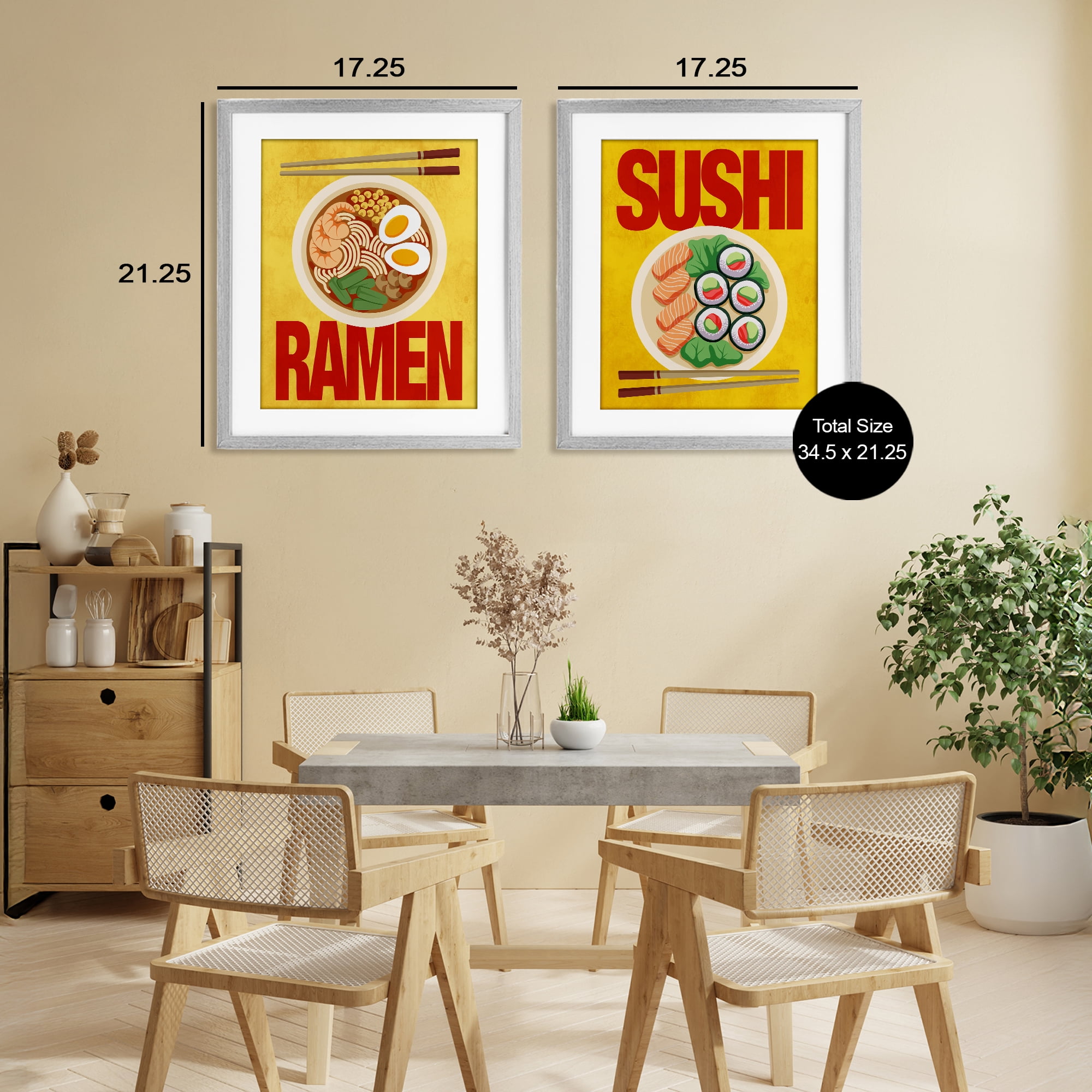 Stupell Industries Ramen & Sushi Japanese Cuisine 2 Piece Gray Framed Print Under Glass Set, design by Marcus Prime