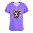 thumbnail image 5 of Jinhomg Womens Holiday Nursing Uniforms Trendy Mask Graphic Mardi Gras Shirts Casual Comfy Short Sleeve V Neck Nurse Workwear with Pockets Purple XXL, 5 of 6