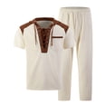 thumbnail image 4 of BLTIBY Mens Summer 2 Piece Outfits Waffle Short Sleeve Lace-up Hooded Shirts and Drawstring Pants Casual Loose Beach Loungewear with Pockets Khaki S, 4 of 5