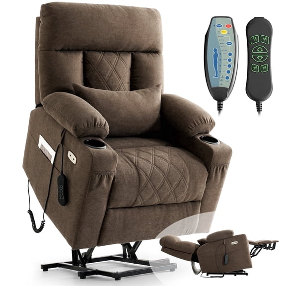 Triple Motor Power Lift Recliner with Massage and Heat, Electric Recliner Chair for Elderly, Adjustable Headrest, Infinite Position, Cup Holders, USB Ports, Brown