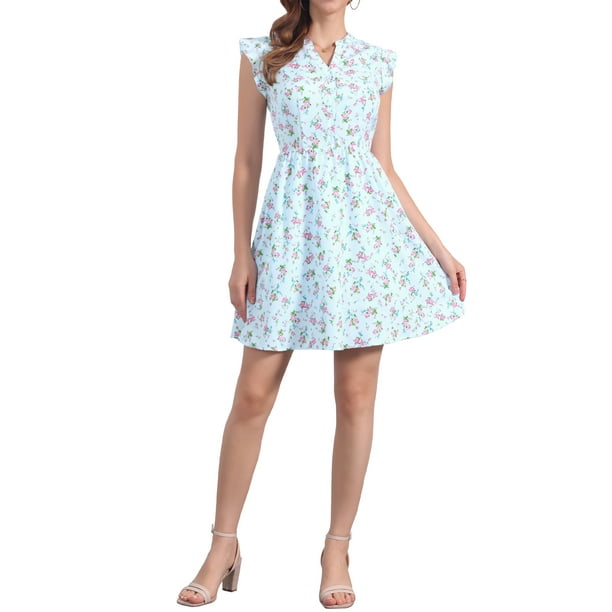 Vestido Casual de Verano Floral con Volantes y Cuello en V de Manga Corta para Mujeres Chic - Azul Claro S