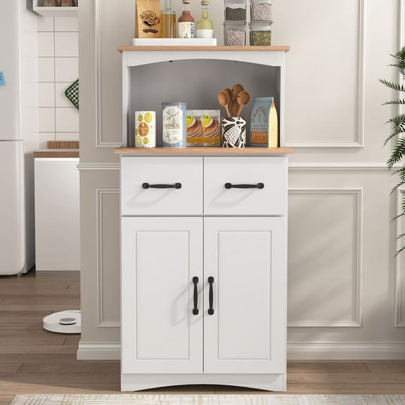 CQSXDA Wooden Kitchen Cabinet , Flat Countertop and 2 Drawers, Kitchen Pantry Storage Cabinet with Adjustable Shelves, Large Open Space for Microwave, (White)