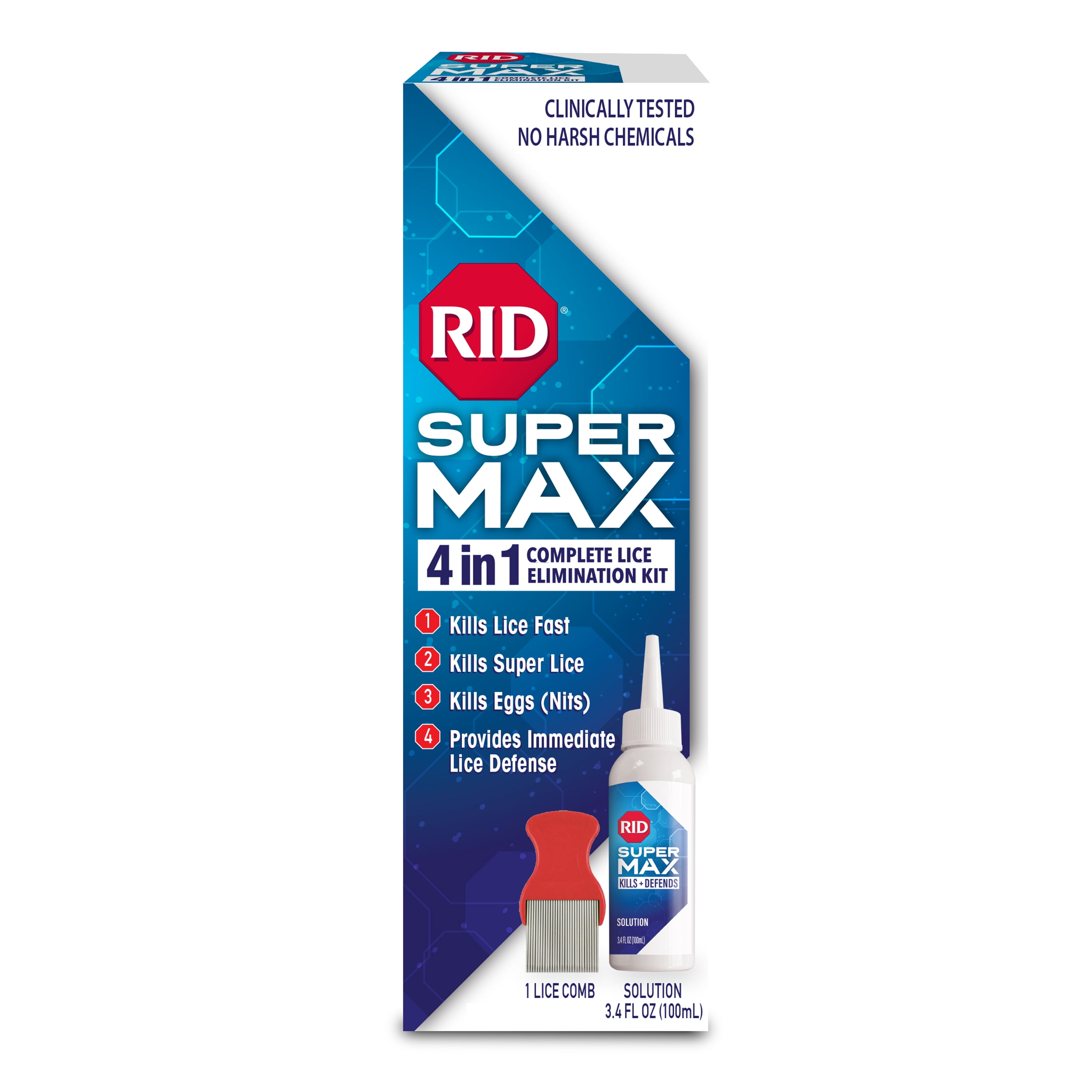 RID Super Max 4-in-1 Lice Elimination Kit - Kills Lice, Super Lice & Eggs + Provides Immediate Lice Defense
