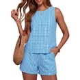 thumbnail image 2 of Bovxnpu Lounge Sets for Women Summer 2 Piece Outfits Set Plaid Print Sleeveless Crew Neck Tank With Pocket Tied Shorts Set, 2 of 3