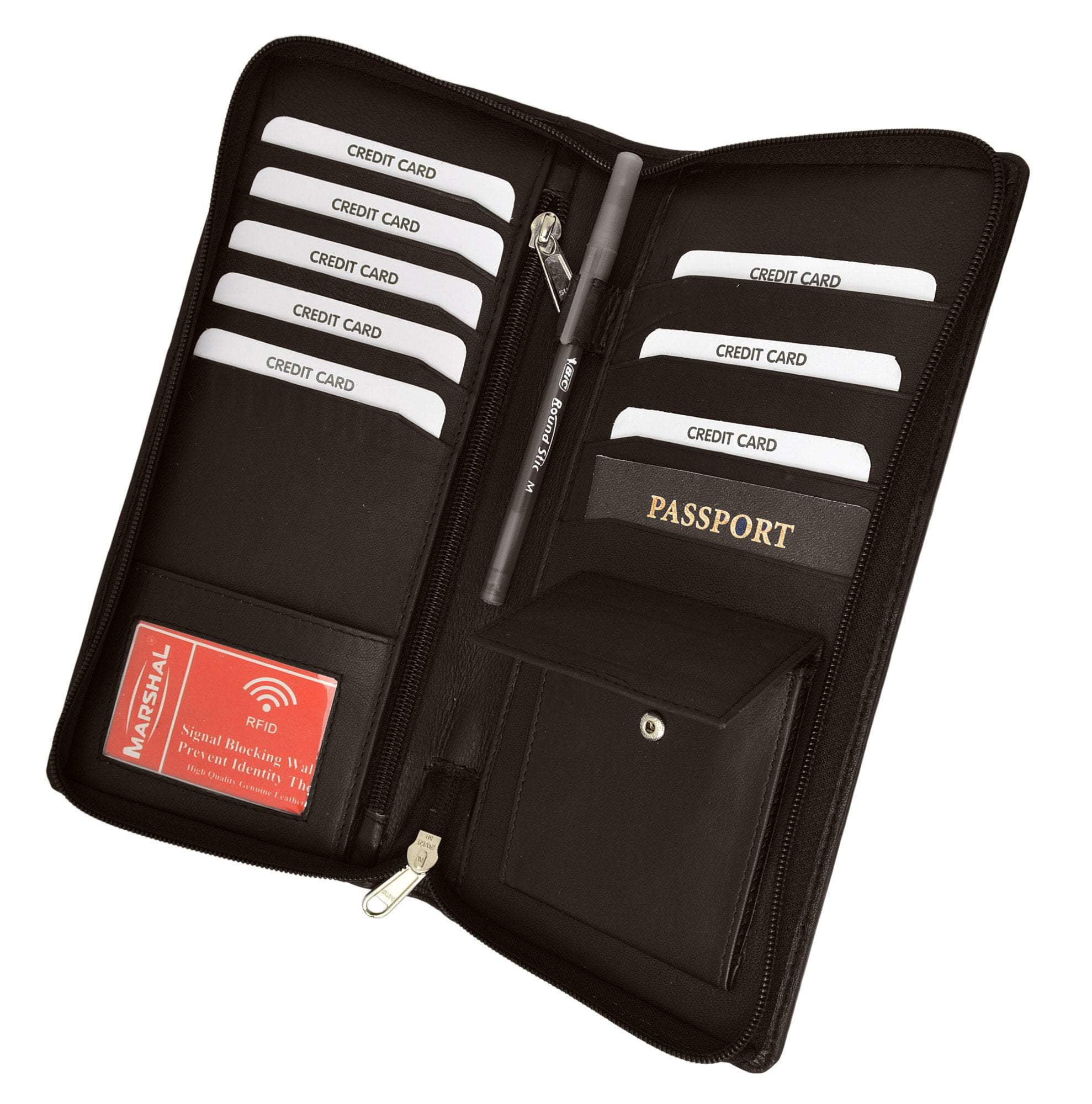 Black RFID Premium Leather Zipper Travel Credit Card Passport Wallet 