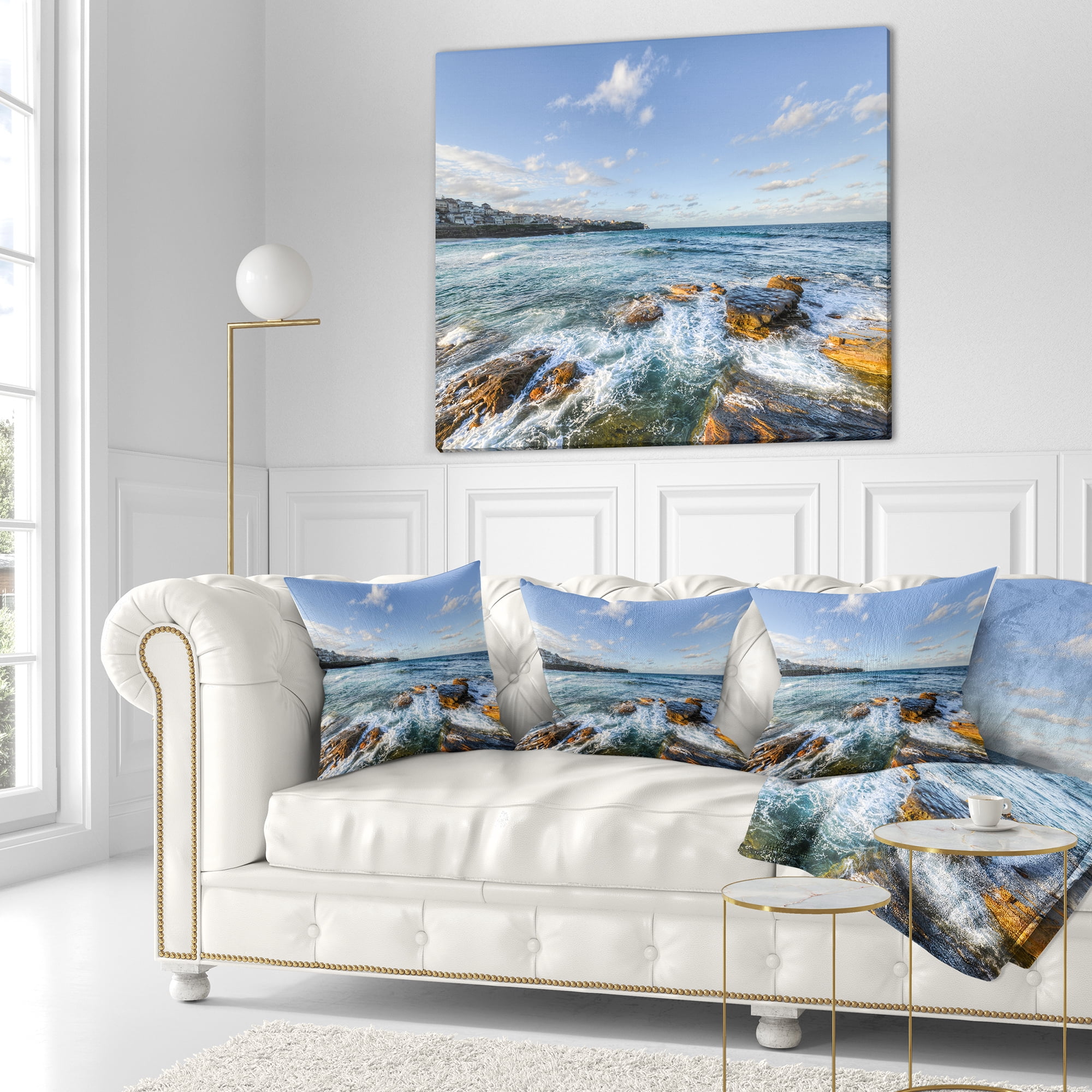 Designart White Waves in Bondi Beach - Beach Photo Throw Pillow - 18x18