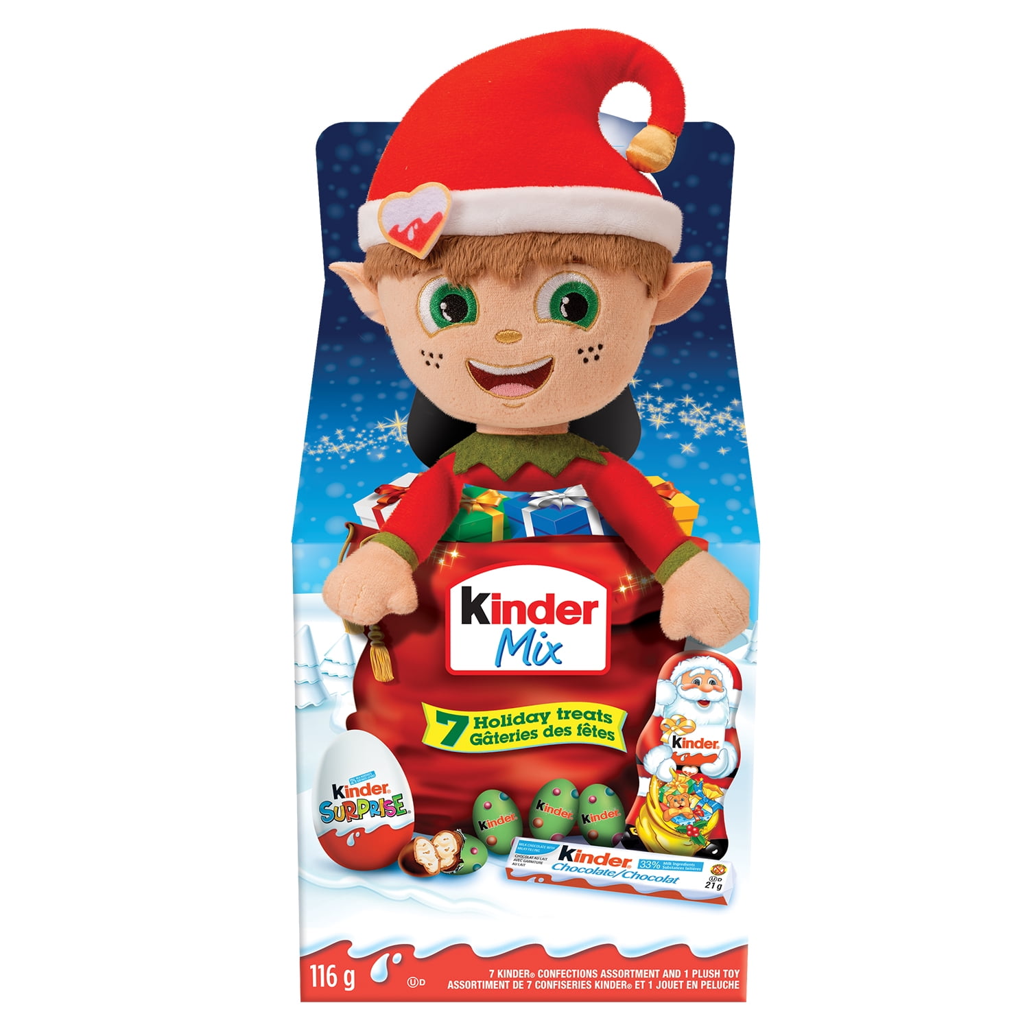 KINDER MIX Holidays Variety Pack with Surprise Plush Toy and 7 Additional KINDER Holiday Chocolate Treats, 116g (Plush Toys Vary), 116 g with 7 treats inside