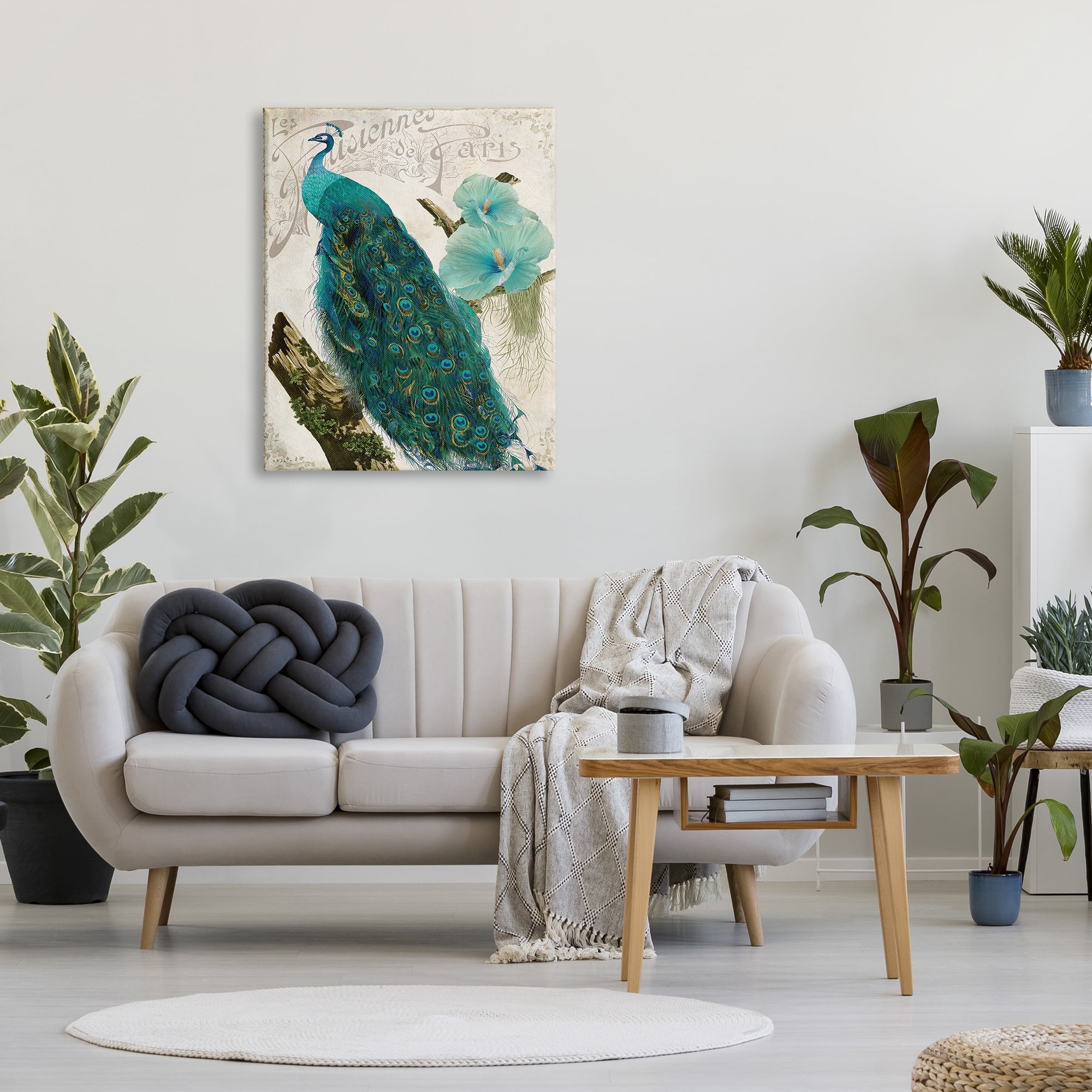 Vintage Parisian Peacock Patterned Bird Blue Hibiscus Flower 30 in x 40 in Painting Canvas Art Print, by Stupell Home Décor