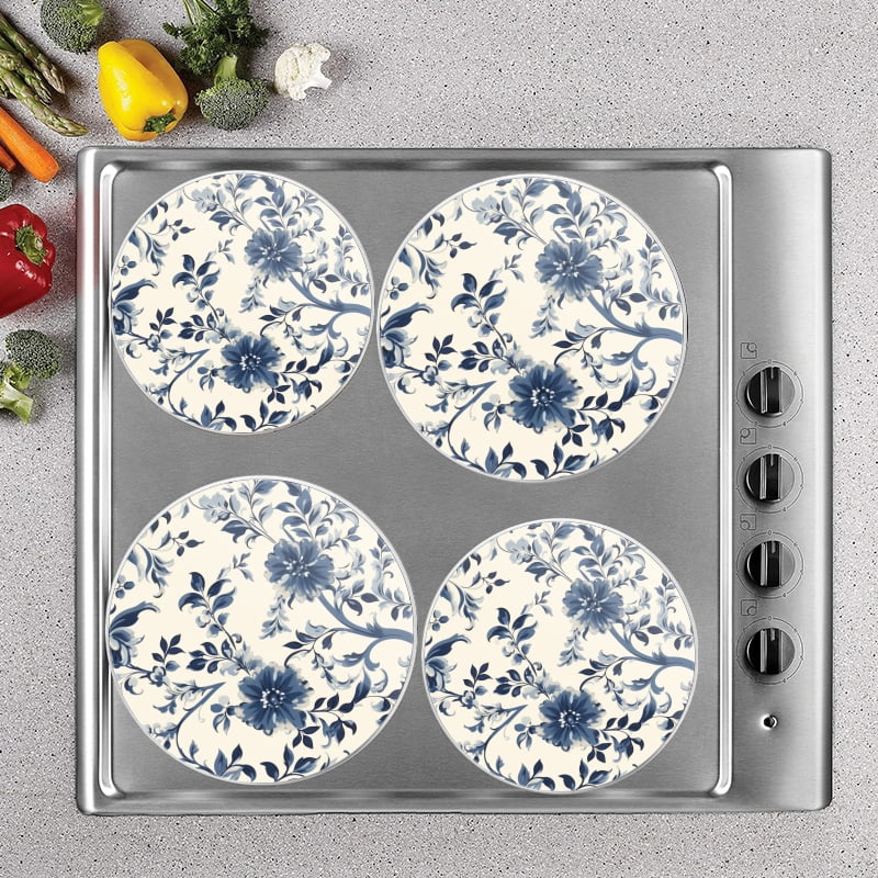 Bahomeck Electric Stove Burner Covers Set Of 4,Blue And White Porcelain-Style Floral Pattern With Large Flowers Metal Gas Stove Burner Covers,Protecting Gas Stoves,8 Inch And 10 Inch