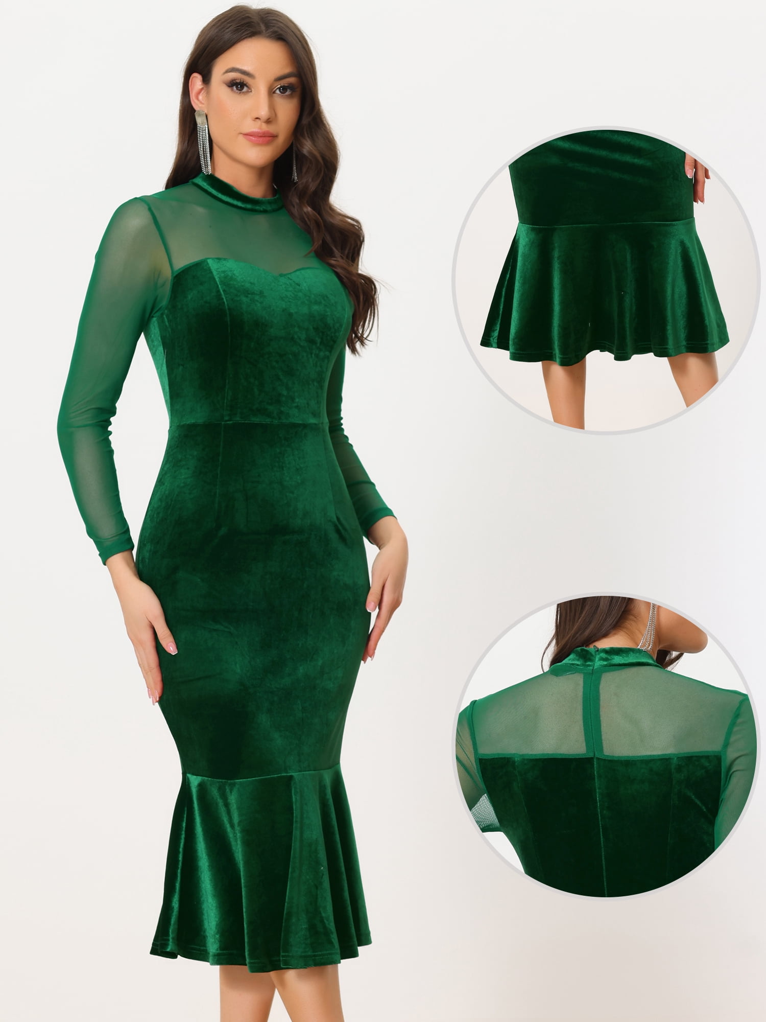 DARING DIVA Elegant Velvet Sheer Mesh Cocktail Dress L Green