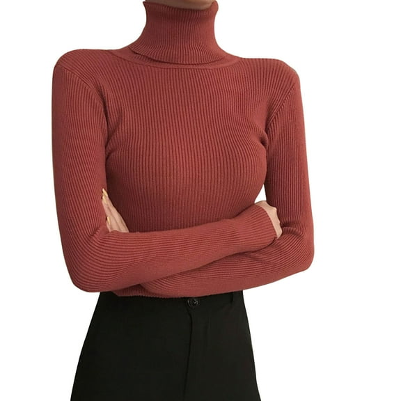 Womens Work Shirts Long Sleeve Tops Turtleneck Autumn Winter Tight Knit Sweater Slim Pullover Fall Clothes for Women Tees Blouses Red One Size