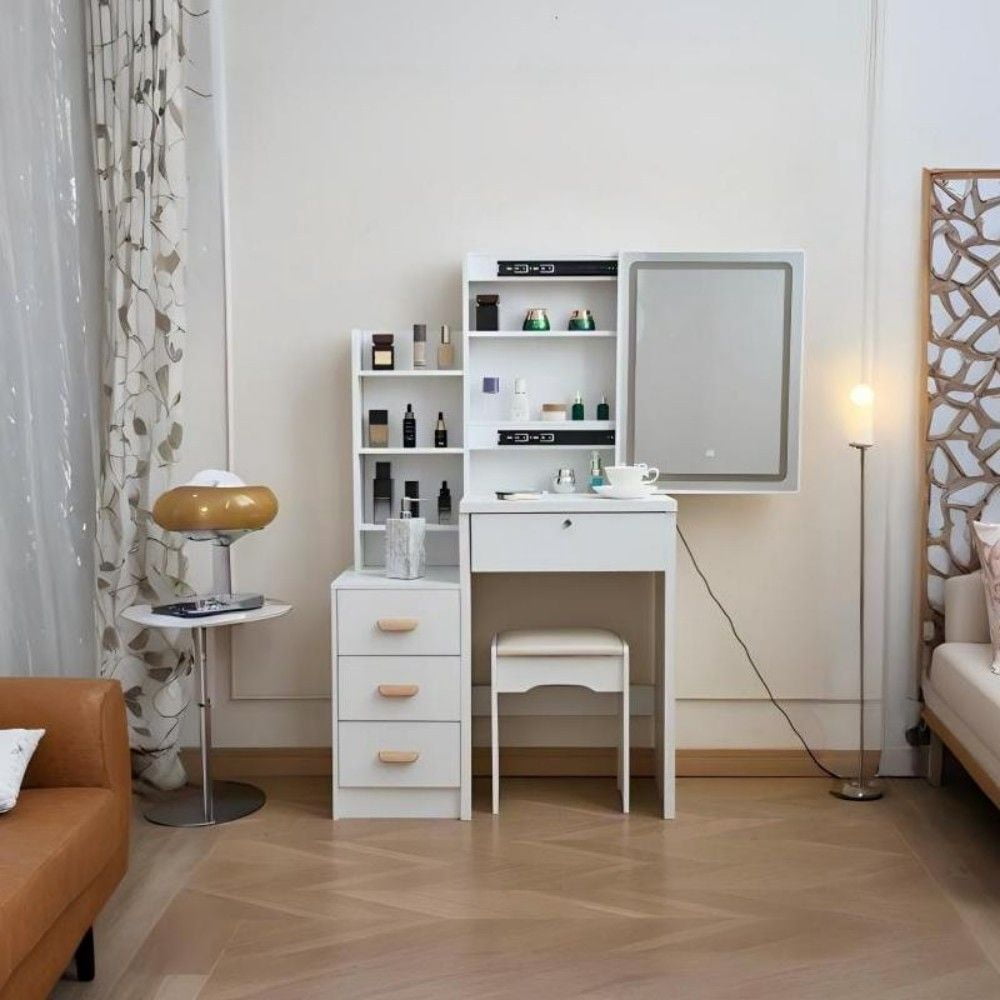 3 in 1 Vanity Desk with Mirror And Lights, Small Vanity Desk Set with Visible Glass Tabletop, 3 Drawers, Storage Bench, 3 Color Lighting Mirror, Suitable for Bedroom Small Vanity Desk