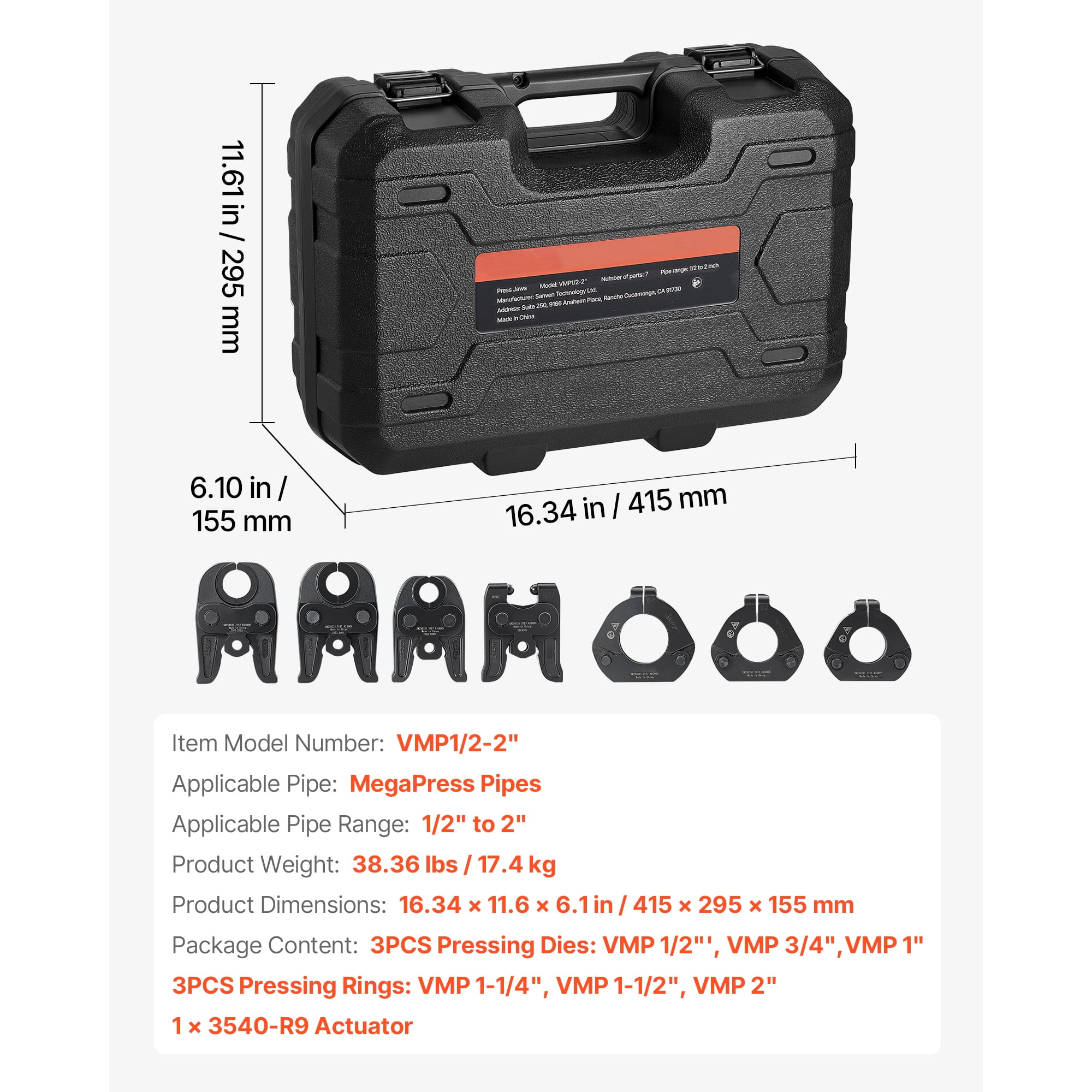KFFKFF 7-Piece Pressing Kit for Carbon Steel Pipes - Includes 3 Press Jaws, 3 Press Rings, and 1 Actuator, Compatible with Standard Press Tools, Suitable for Pipe Sizes from 1/2" to 2"