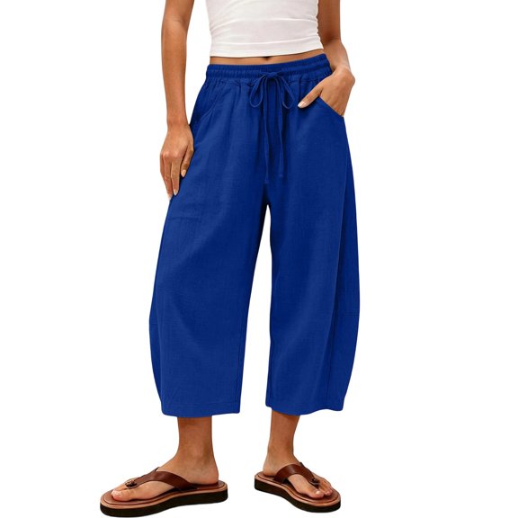 JIAYUE Women Pants Drawstring Elastic Waist Solid Color Baggy Wide Leg Capri Trousers for Outdoor Casual Wear