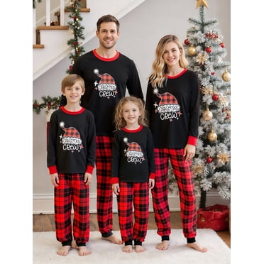 Jaweiwi Christmas Family Pajamas Matching Set, Letters Print Long Sleeve Tops with Plaid Pants Sleepwear Loungewear