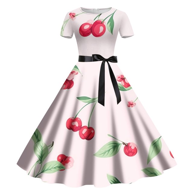 TSADFHJI Jupe en Satin Maxi pour Femmes, Imprimé Floral à Col Rond, Manches Courtes, Rétro et Décontractée, TG